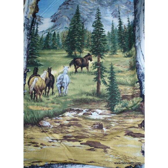 Running Wild horses mountain scene beautiful panel fabric - Picture 1 of 1